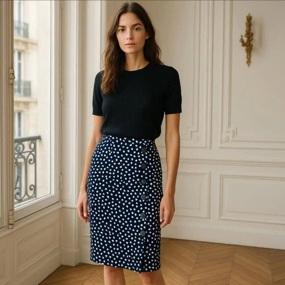 Talbots Faux Wrap Navy Dotted Cotton Blend Women's Career Office Skirt Size 10P - Picture 1 of 14